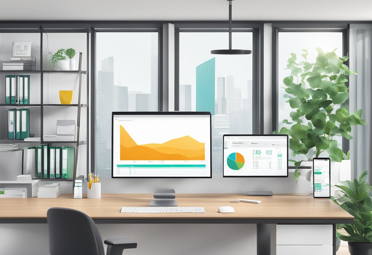 A modern office desk with a computer monitor displaying Nexys Loan Origination Software. A sleek, professional setting with minimalistic decor