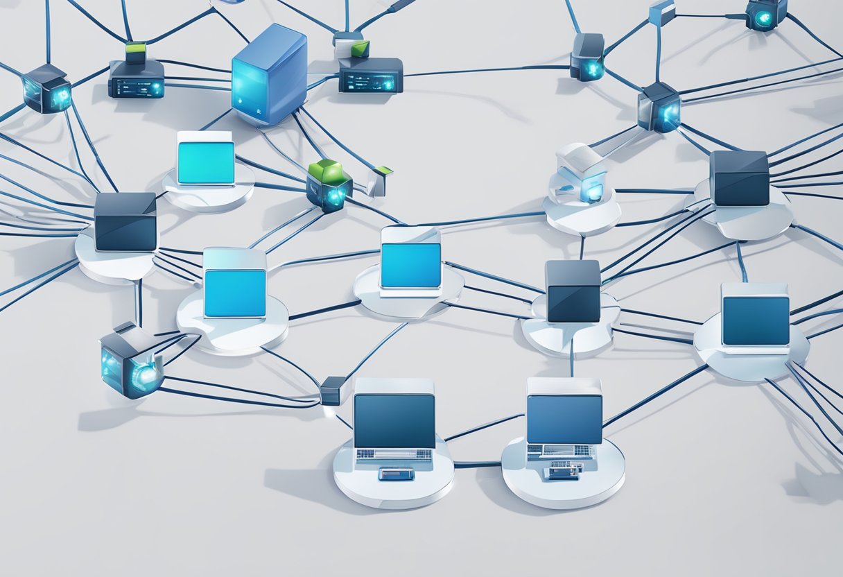 A modern, sleek computer system with interconnected nodes and expanding branches, symbolizing integration and scalability for Nexys Loan Origination Software