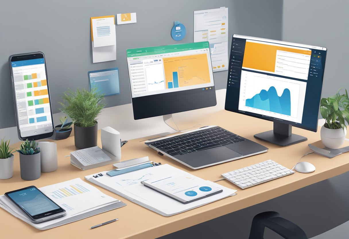 A modern office desk with a computer displaying the Nexys Loan Origination Software, surrounded by CRM materials and a phone