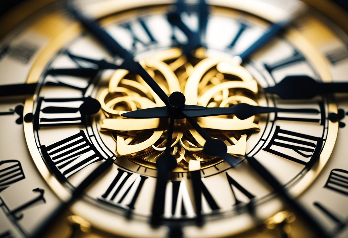A clock at 17 seconds, surrounded by symbols of abundance and positivity, with a beam of light shining down on it