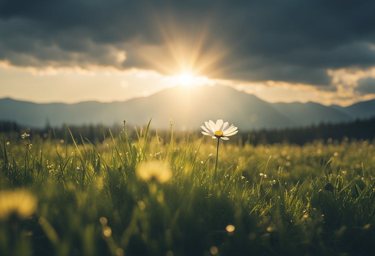 A serene meadow with a single flower blooming, surrounded by rays of sunlight breaking through the clouds