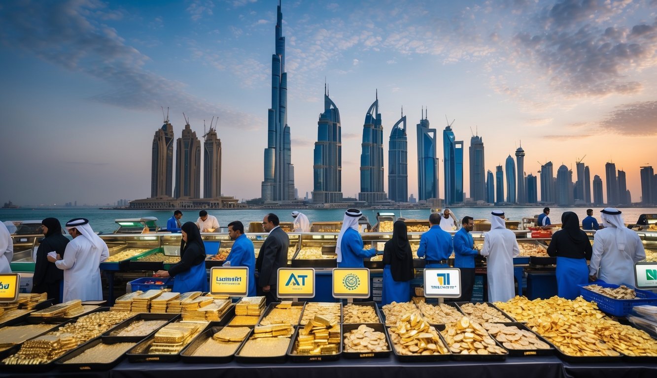 A bustling Dubai market with gold traders, online trading logos, and the iconic UAE skyline in the background