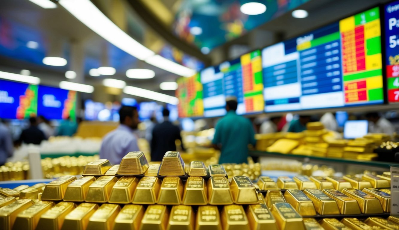 A bustling Dubai gold market with traders and digital screens showing online trading strategies and current gold rates