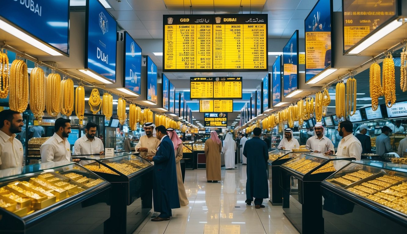 A bustling Dubai market with gold jewelry shops, trading offices, and fluctuating price boards