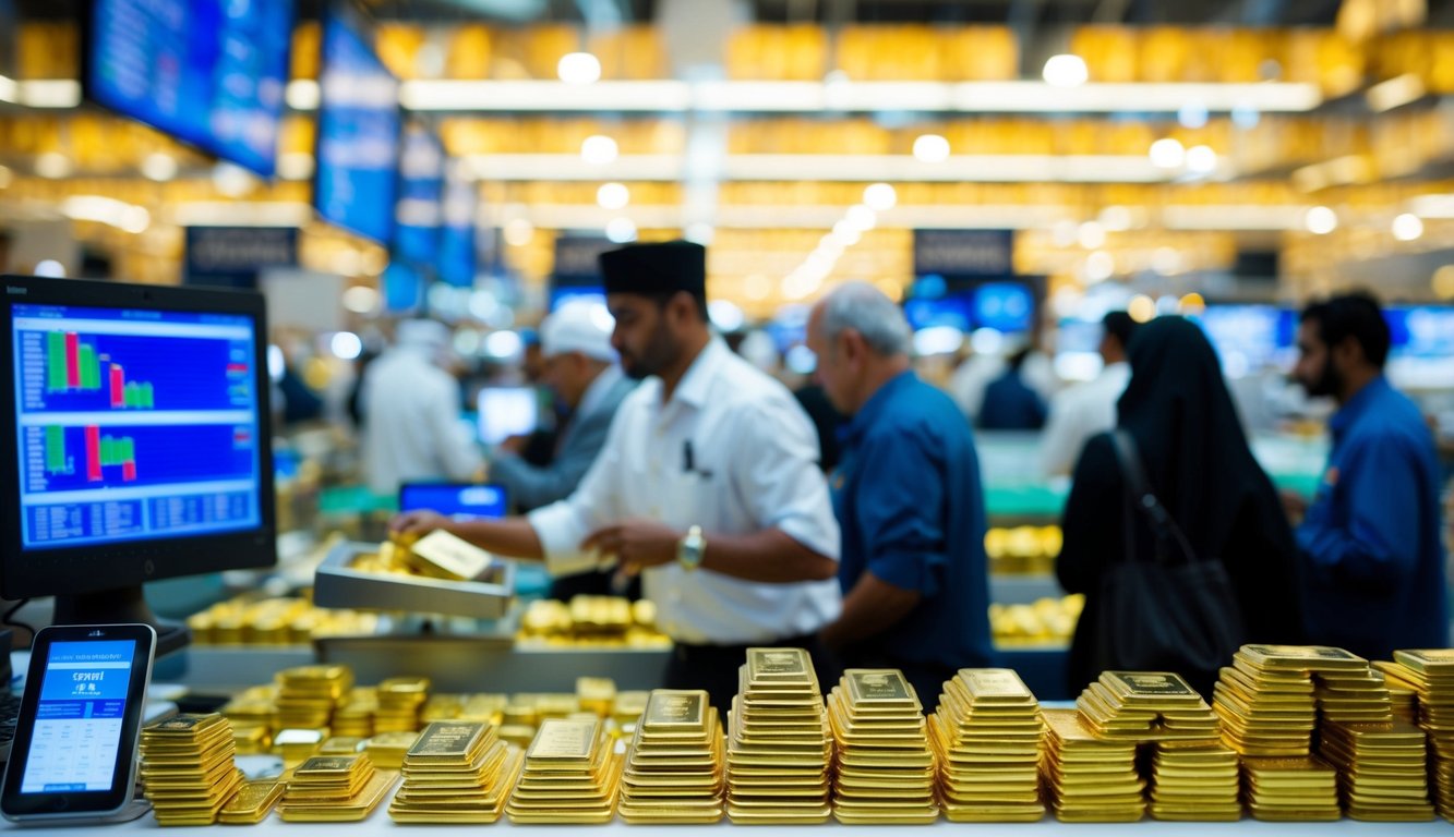 A bustling gold trading market in Dubai, with traders and customers conducting business. Gold bars and coins on display, with digital trading platforms in the background