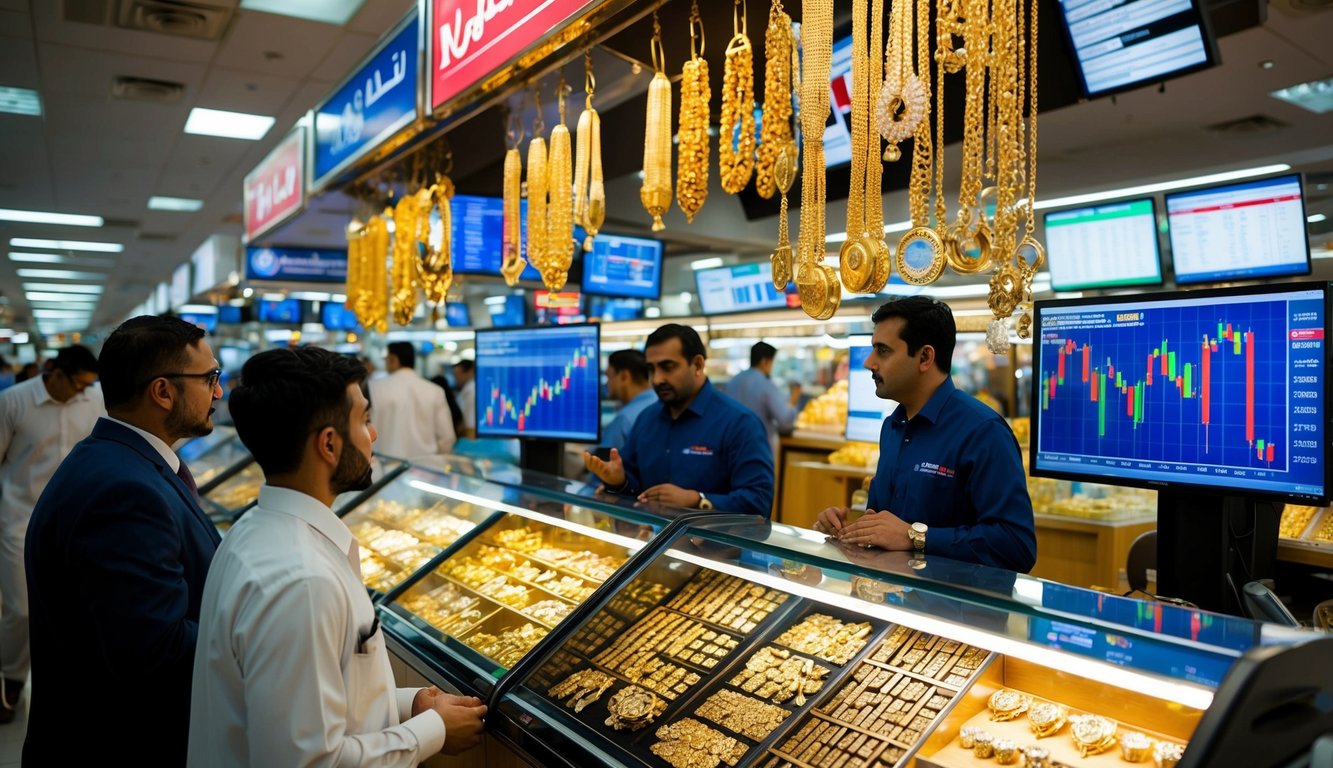 A bustling Dubai market with gold jewelry shops, online trading charts displayed on screens, and people discussing trading strategies