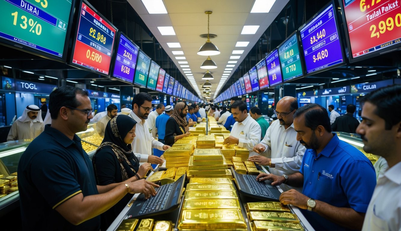 A bustling Dubai gold market with traders and customers interacting, electronic screens displaying current gold rates, and people engaged in online trading strategies