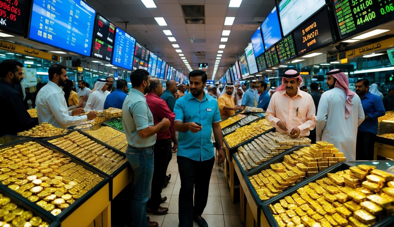 A bustling gold market in Dubai with traders and customers, digital screens displaying online trading rates, and a sense of urgency in the air