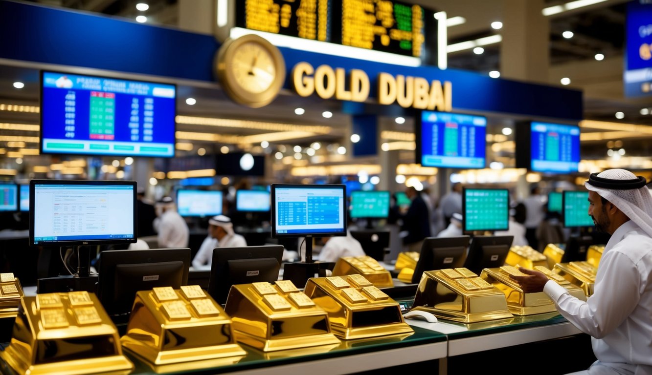 A bustling marketplace in Dubai with gold trading desks, digital screens displaying current gold rates, and traders discussing online trading strategies