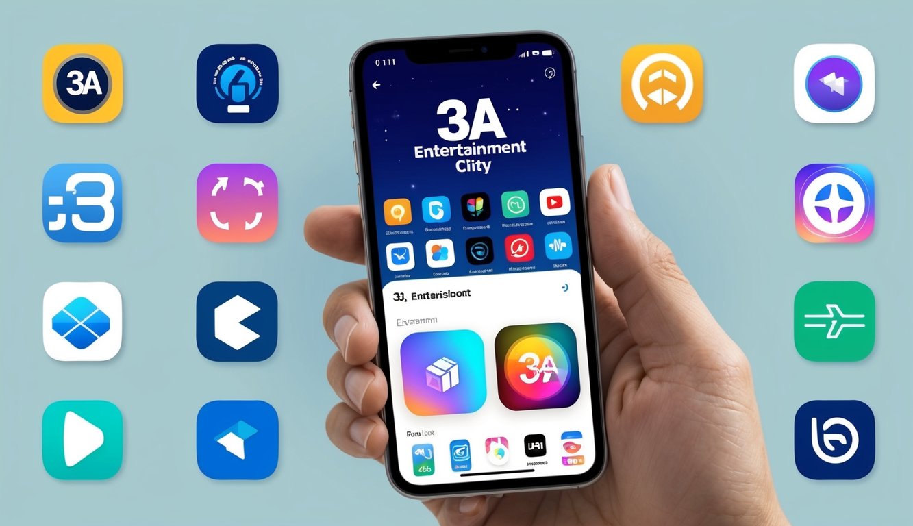 一部顯示3A娛樂城應用程式的手機，周圍環繞著各種應用程式圖標和平台標誌