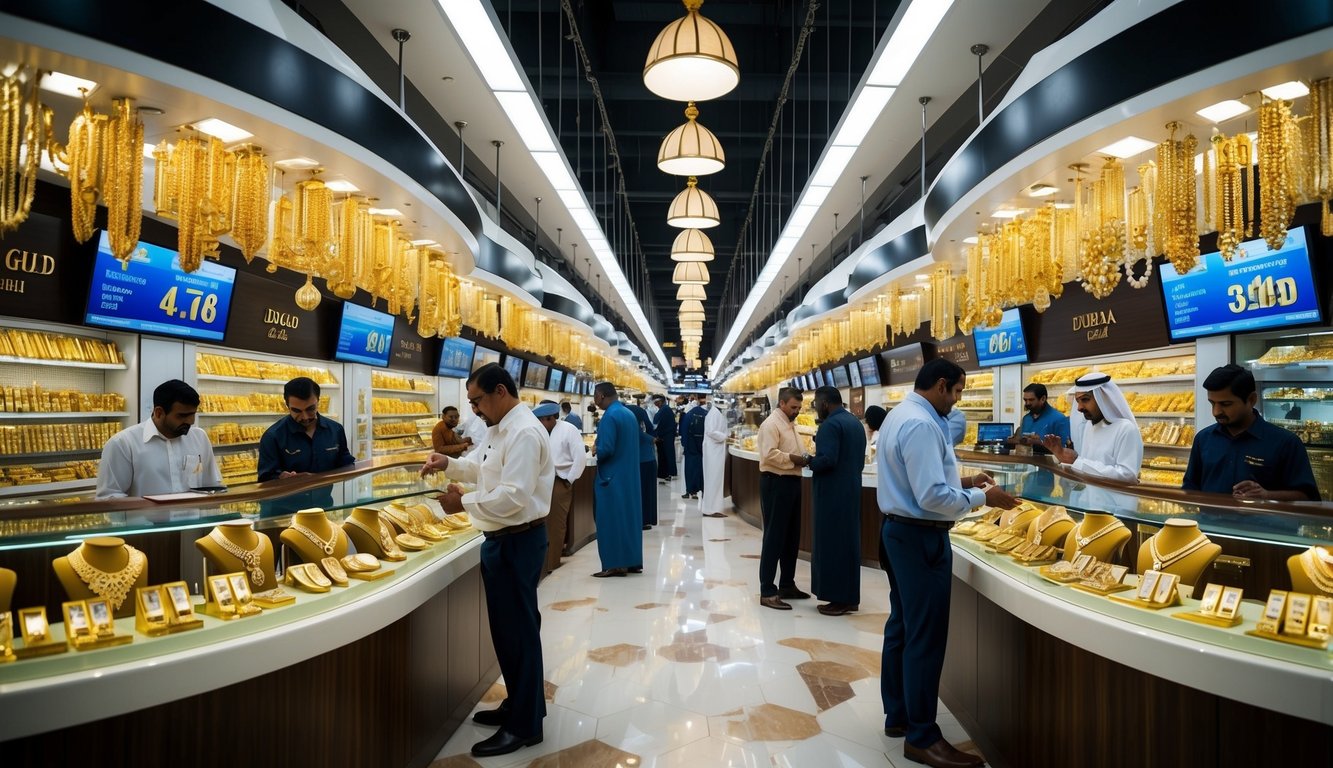 A bustling Dubai market with gold jewelry shops, busy traders, and customers checking the latest gold rates on electronic displays