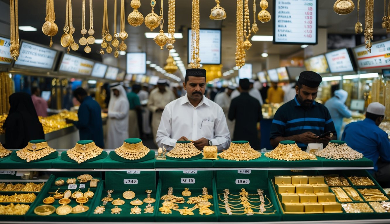 A bustling Dubai market with gold jewelry shops and busy traders, displaying various gold items and price boards