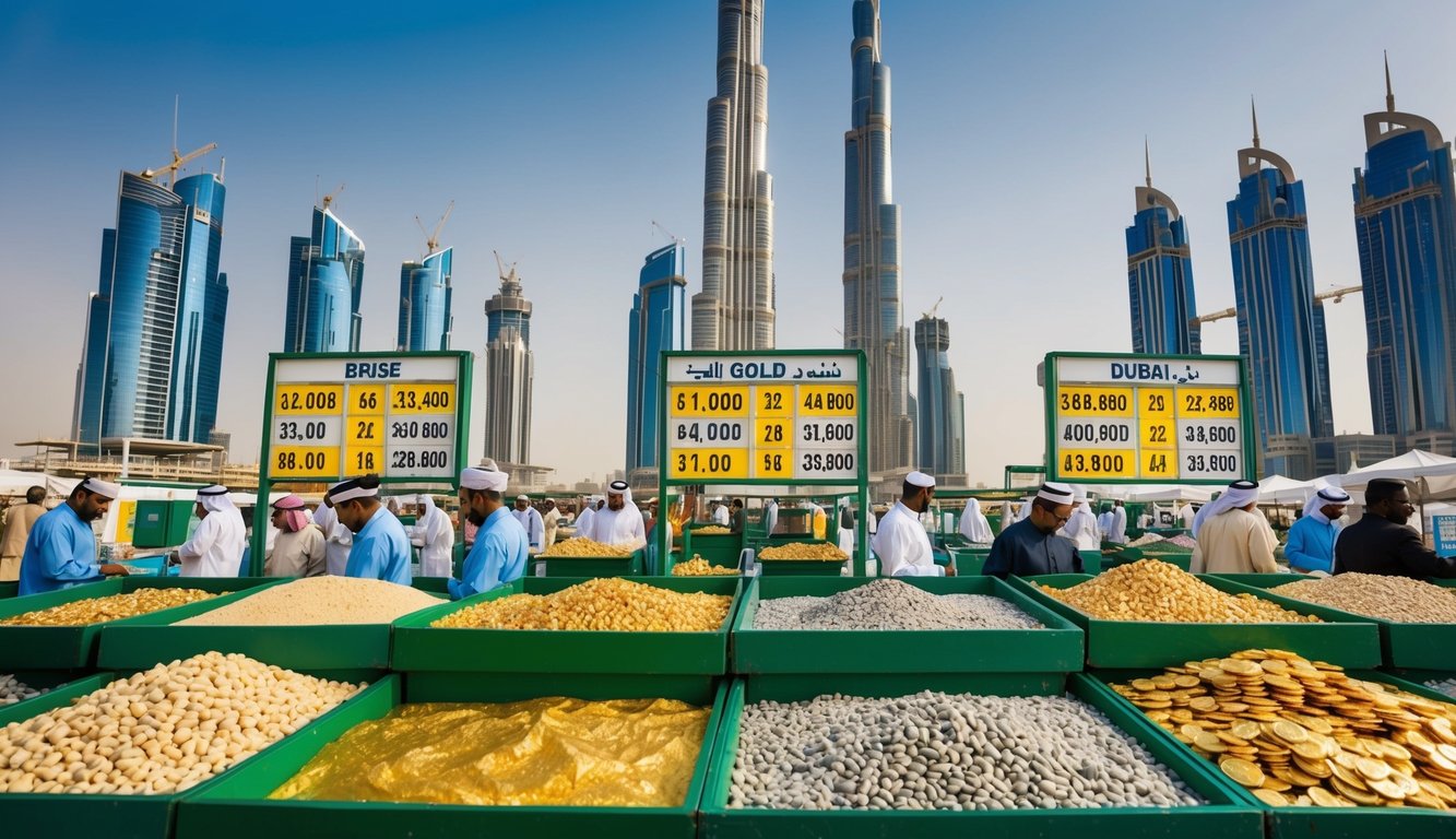 A bustling Dubai gold market with price boards, traders, and customers, set against a backdrop of modern skyscrapers