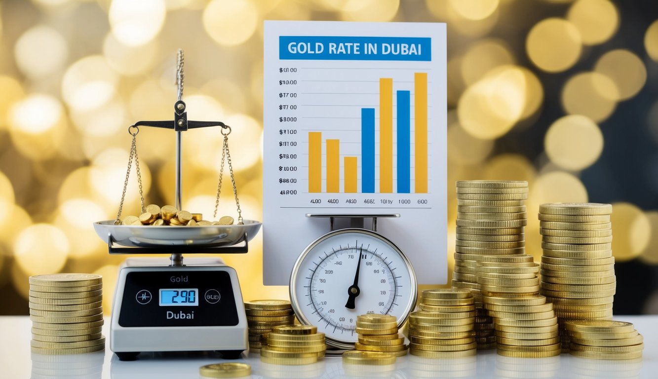 A scale weighing gold carats with a chart showing the current gold rate in Dubai, surrounded by various gold investment options