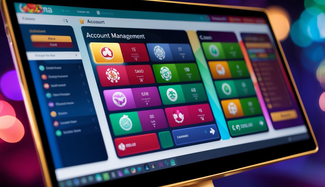 一個色彩繽紛且充滿活力的賭場介面，屏幕上顯示著各種帳戶管理選項