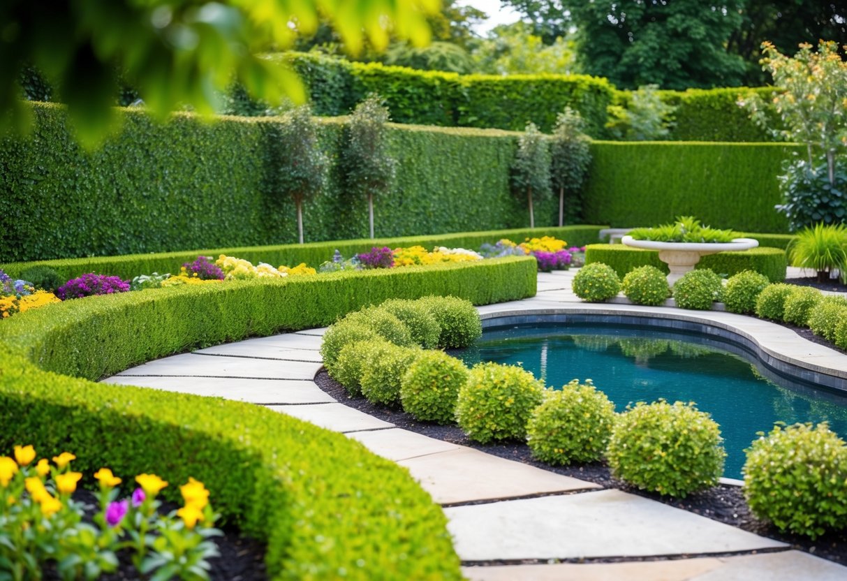 A lush garden with neatly trimmed hedges, colorful flower beds, and a winding stone pathway leading to a tranquil water feature
