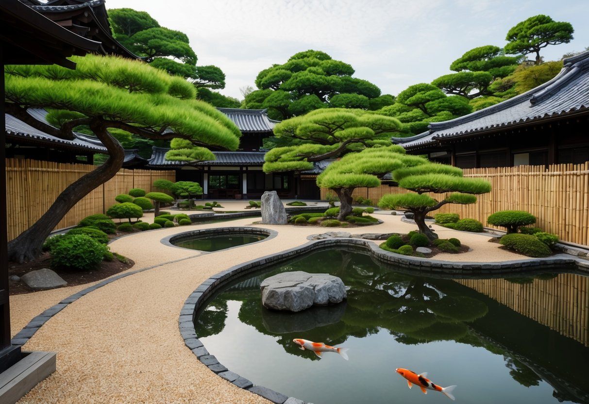 A serene Japanese garden with winding paths, koi ponds, and carefully pruned trees, surrounded by bamboo fences and traditional wooden structures