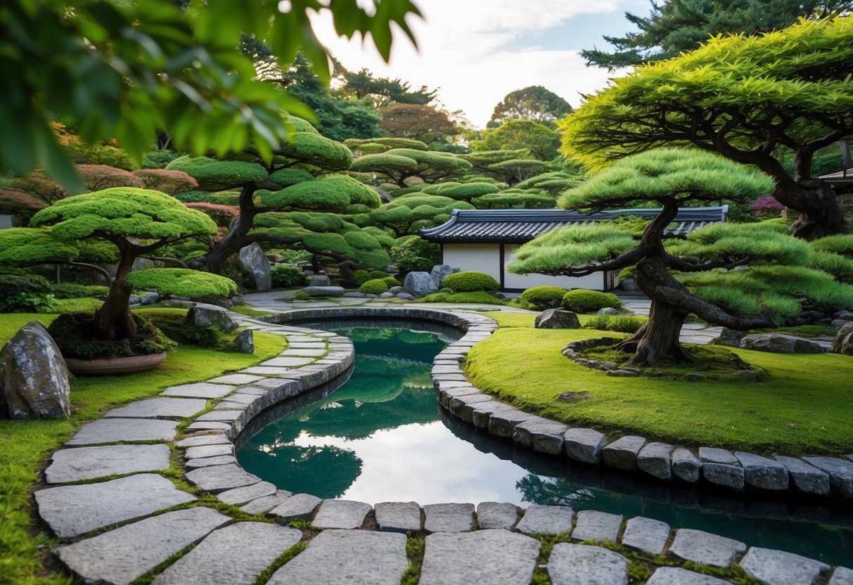 A peaceful Japanese garden with a winding stone path, a tranquil pond, and carefully pruned bonsai trees