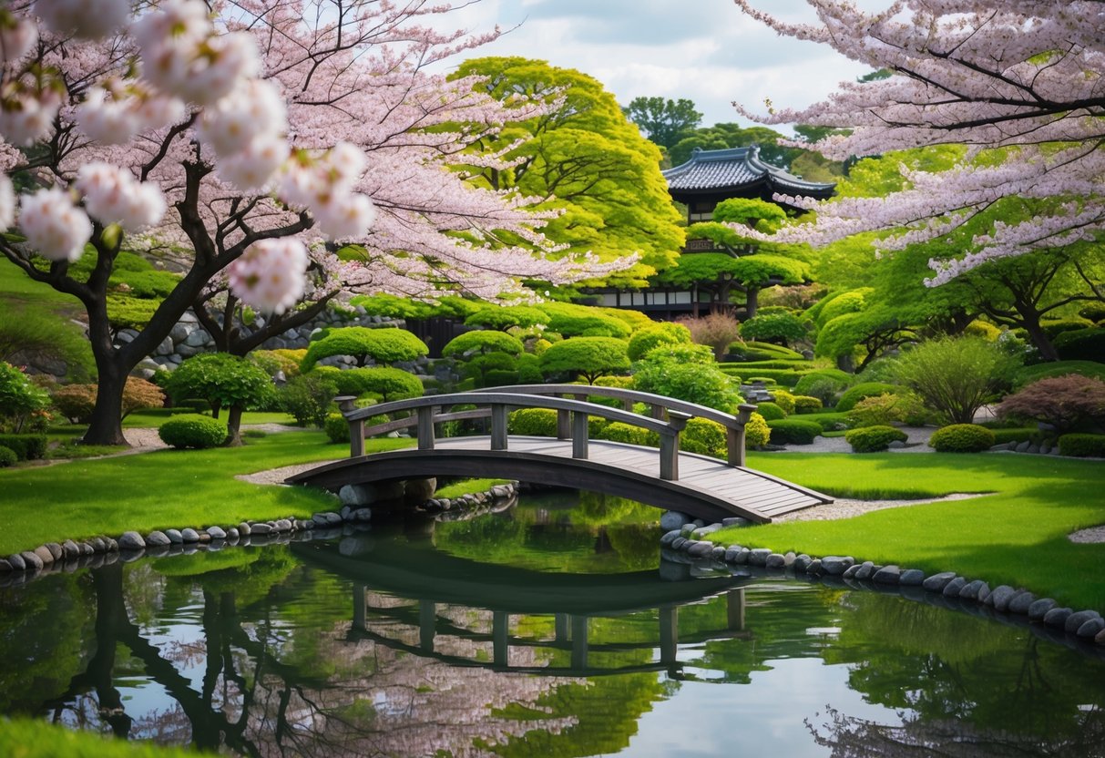 A serene Japanese garden with a wooden bridge over a tranquil pond, surrounded by lush greenery and blooming cherry blossom trees
