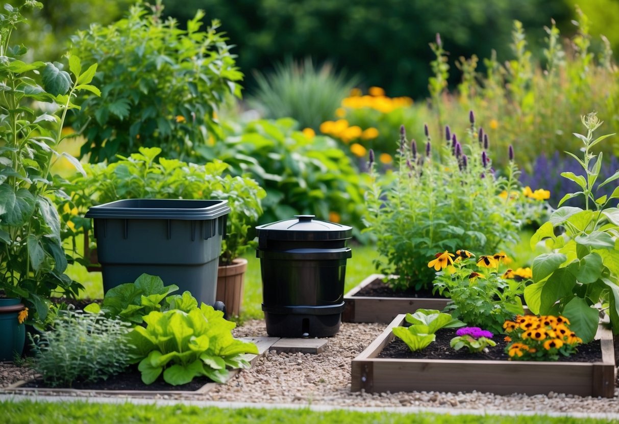 A lush garden with native plants, compost bins, and a rain barrel. A small vegetable patch and a bee-friendly flower bed complete the sustainable landscape