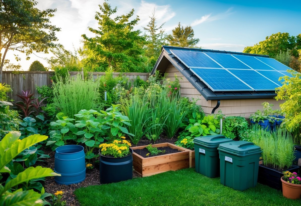 A lush garden with native plants, rain barrels, and compost bins. Solar panels on the roof, and a drip irrigation system in use