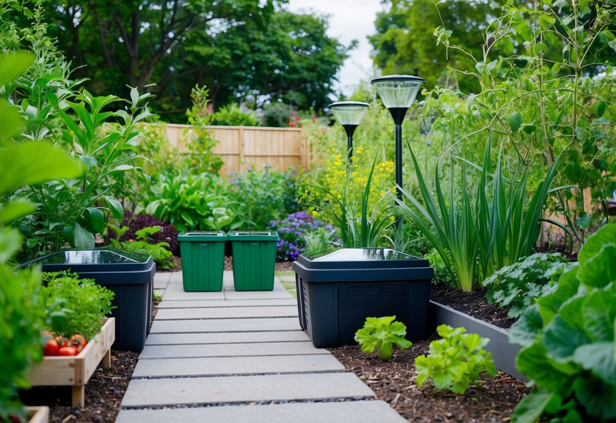 A lush garden with native plants, a rainwater collection system, compost bins, and solar-powered lights, all surrounded by permeable pathways and a small vegetable garden