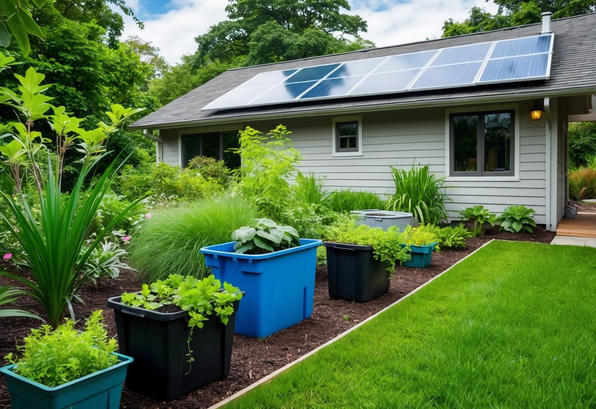 A lush garden with native plants, a rainwater collection system, and compost bins. Solar panels on the house