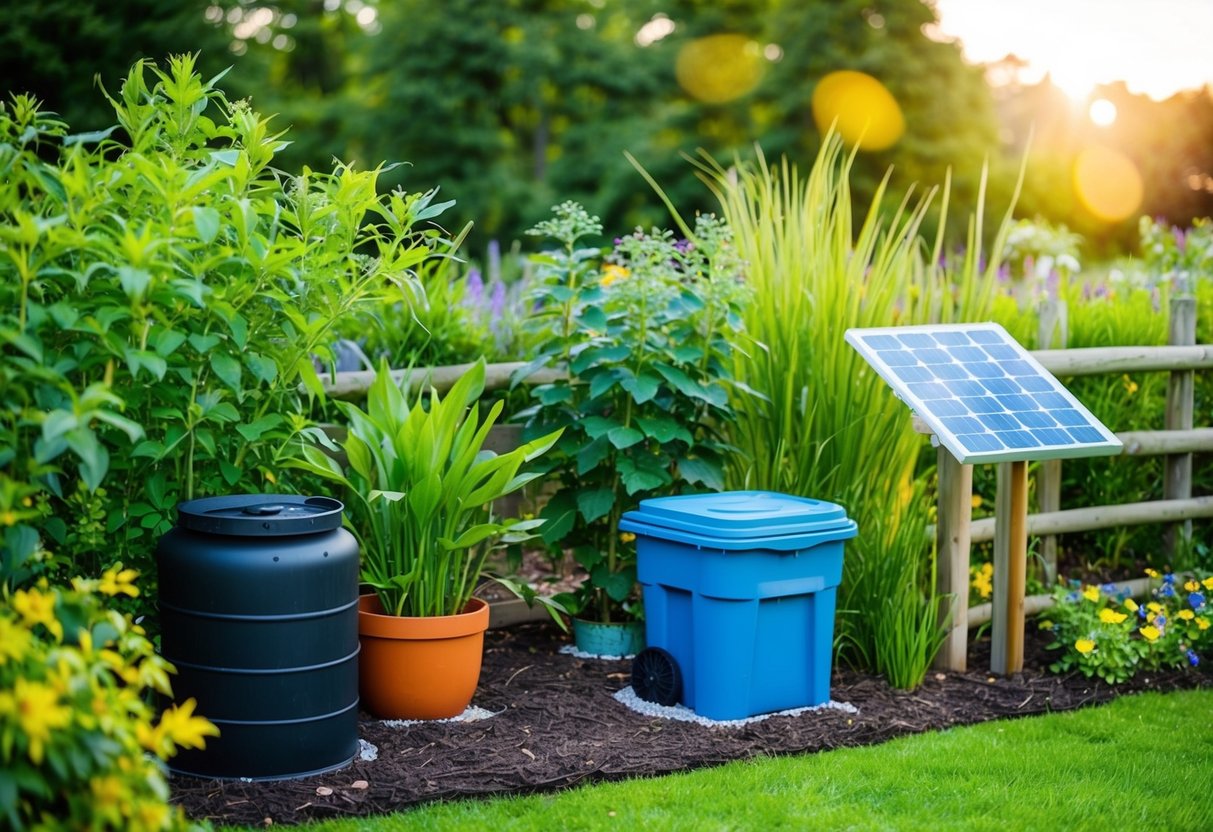 A lush garden with native plants, a rain barrel, compost bin, and a small solar panel, surrounded by a natural fence made of recycled materials