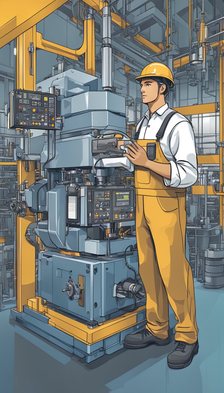 Um técnico de automação industrial moderno trabalhando em máquinas em um ambiente de fábrica