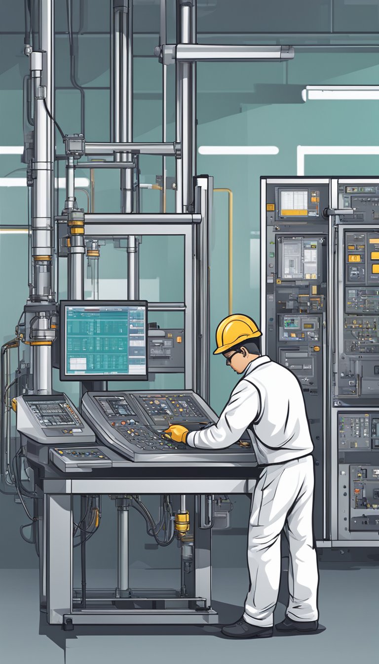 Um tecnólogo trabalhando em equipamentos de automação industrial em um ambiente de fábrica moderno