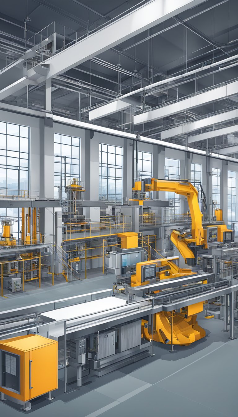 Uma fábrica industrial moderna com maquinário automatizado e sistemas de computador para desenvolvimento profissional em tecnologia de automação industrial.