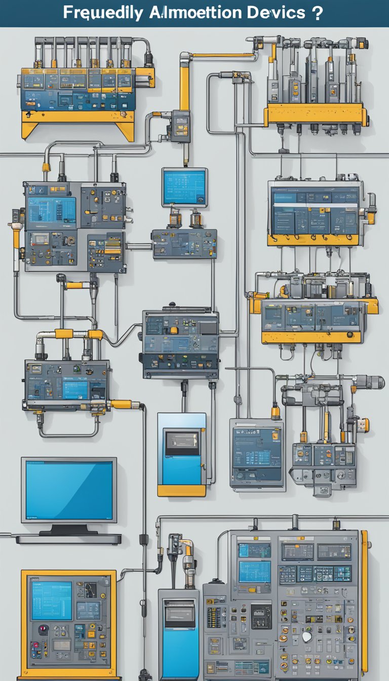 Um grupo de dispositivos de automação industrial dispostos com uma faixa de "Perguntas Frequentes" acima.