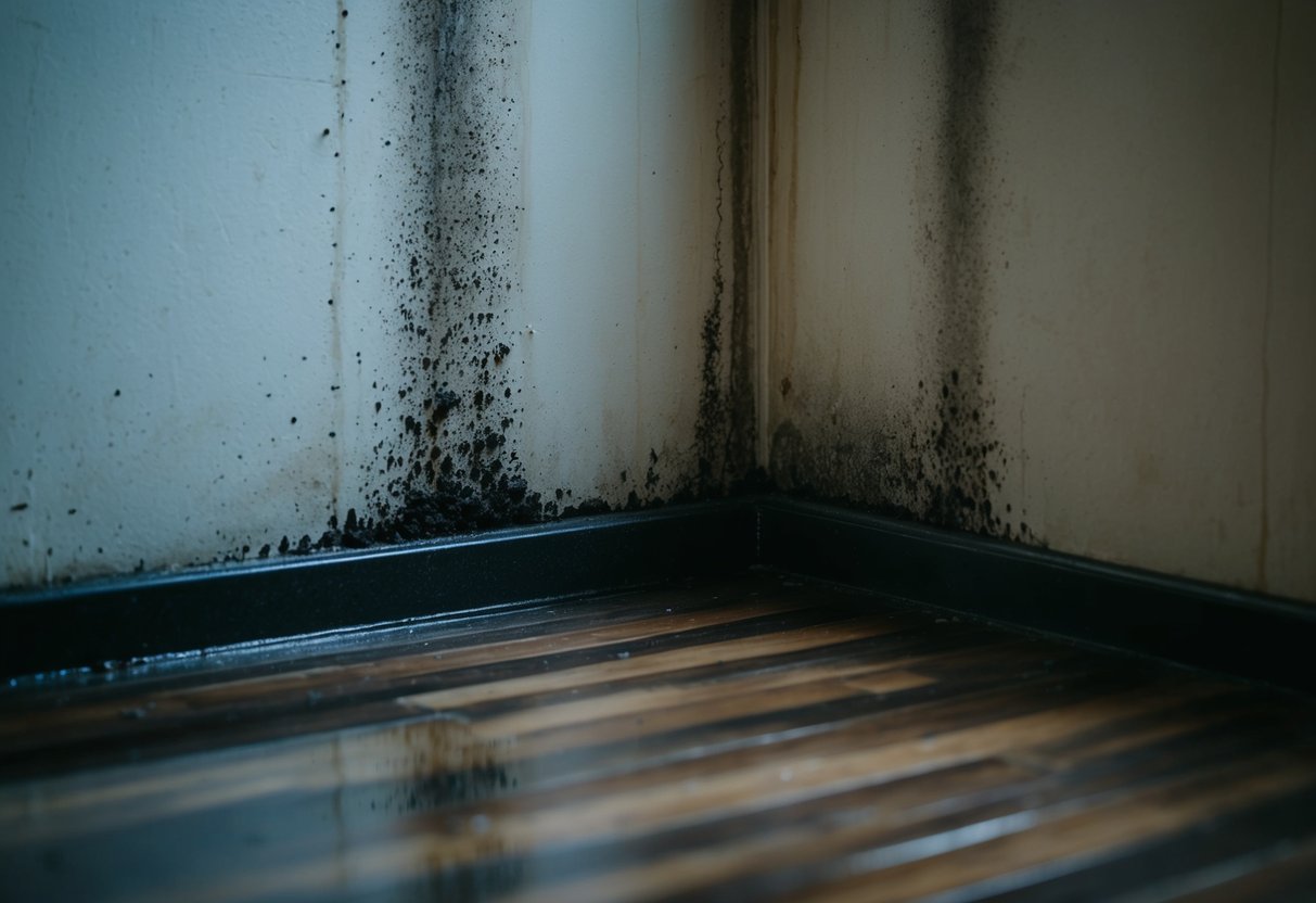 A damp, musty room with water-stained walls and black mold growing in the corners