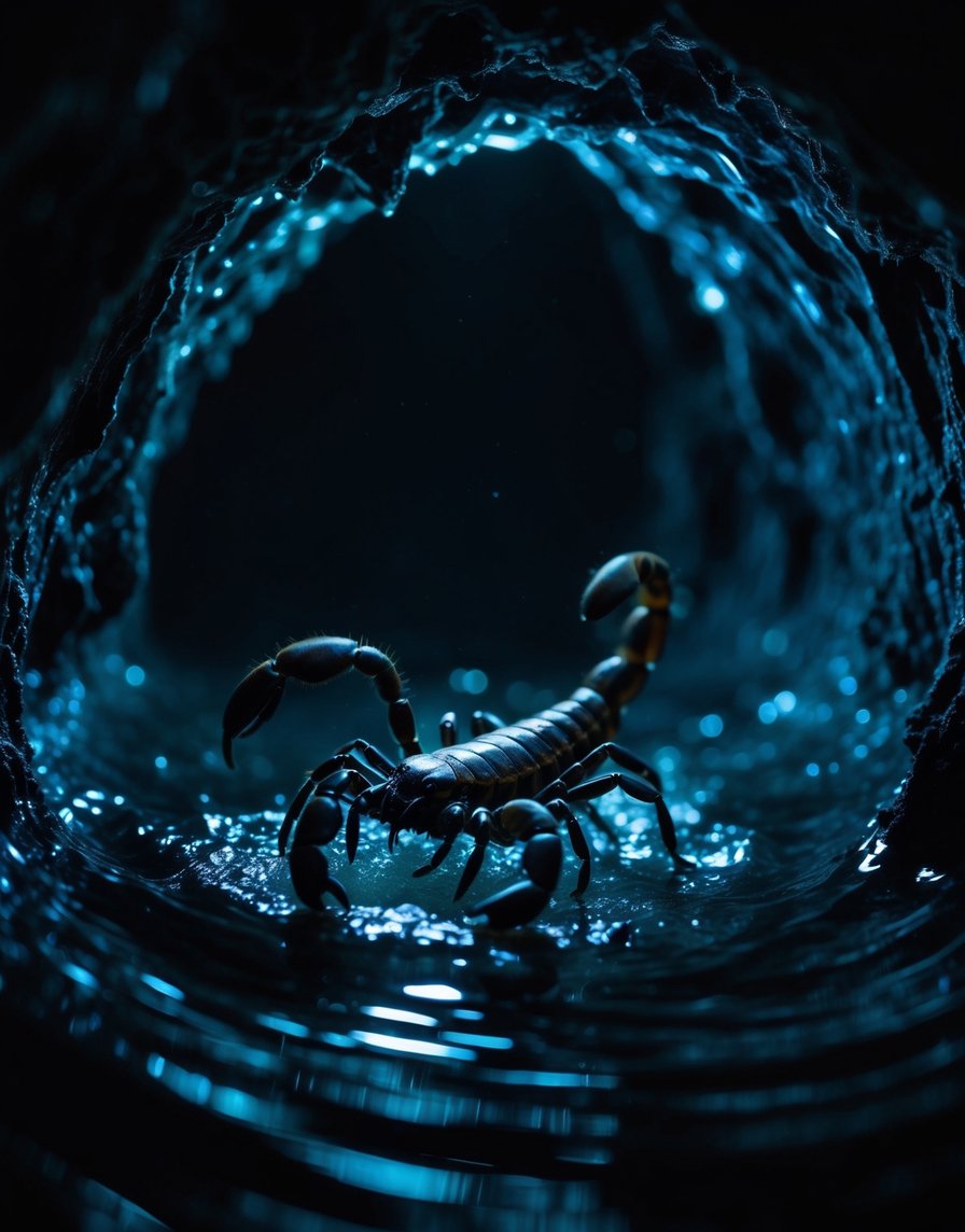 A scorpion emerging from a dark, watery cave, surrounded by swirling shadows and a sense of deep, emotional intensity