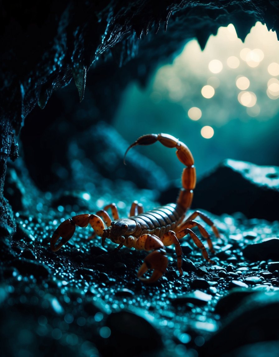 A scorpion emerging from the depths of a dark, mysterious cave, surrounded by intense energy and hidden secrets