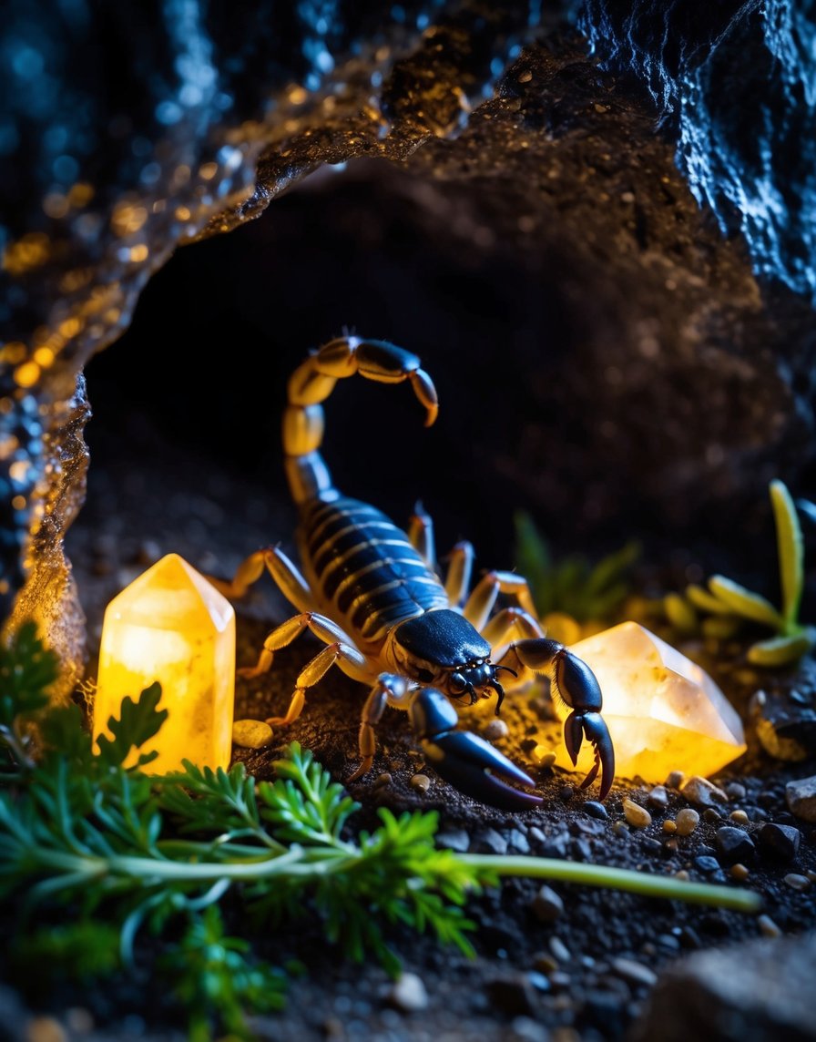 A scorpion crawling out of a dark, mysterious cave, surrounded by healing herbs and glowing crystals