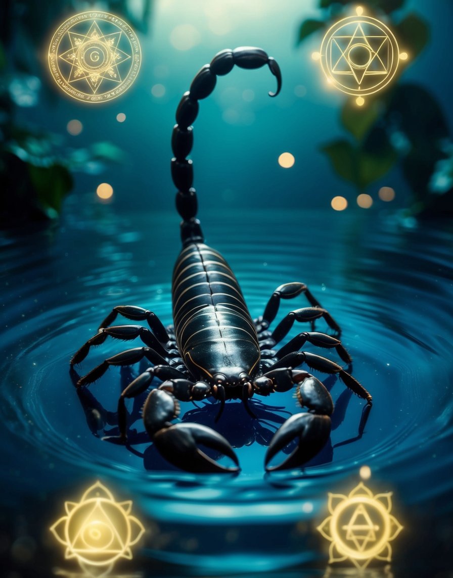 A dark scorpion emerging from a deep, mystical pool, surrounded by ethereal energy and glowing symbols of transformation and healing