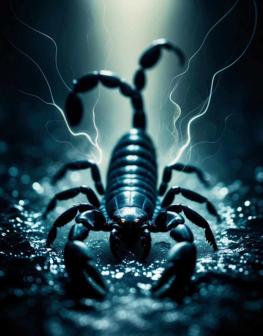 A shadowy scorpion emerges from the depths, surrounded by a pulsing aura of intense energy and mystery