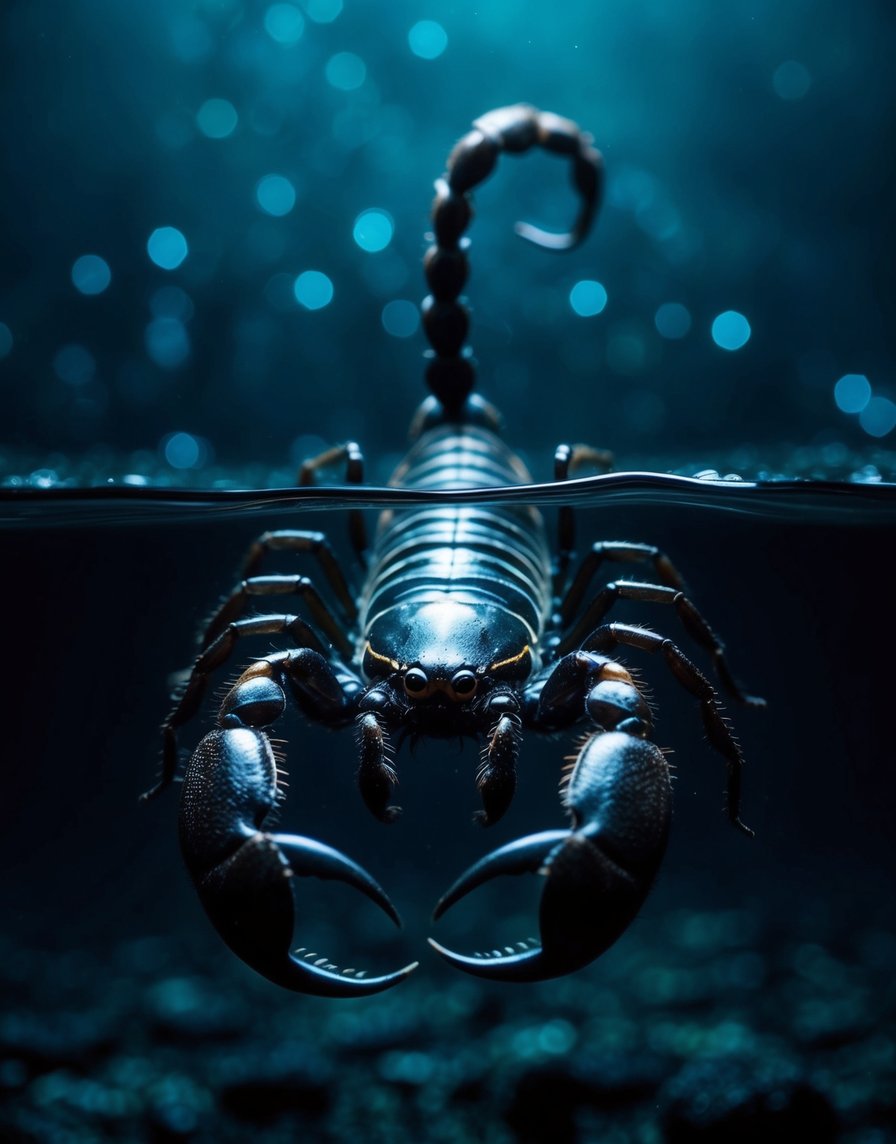 A dark, mysterious scorpion emerges from the depths, its sharp stinger poised and ready to strike. The intense energy of Chiron in Scorpio is palpable