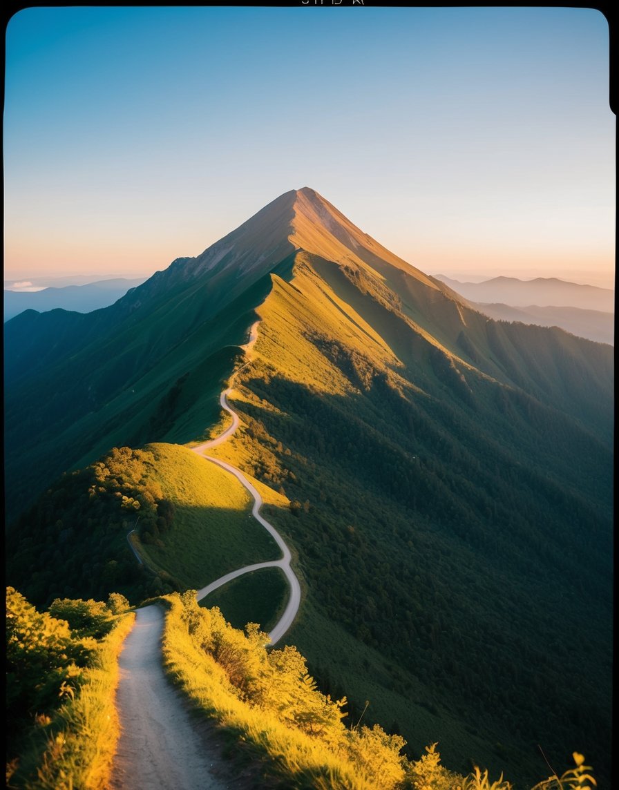 A serene mountain peak bathed in golden light, with a winding path leading to the top, surrounded by lush greenery and a clear blue sky