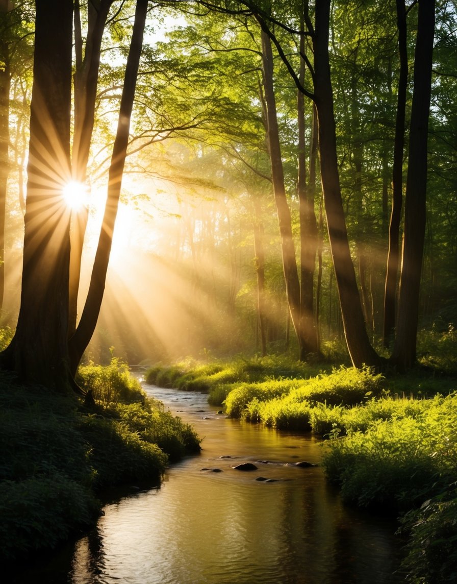 Uma floresta serena com a luz do sol a passar por entre as árvores, lançando um brilho quente sobre um riacho tranquilo. Uma sensação de paz e ligação permeia a cena