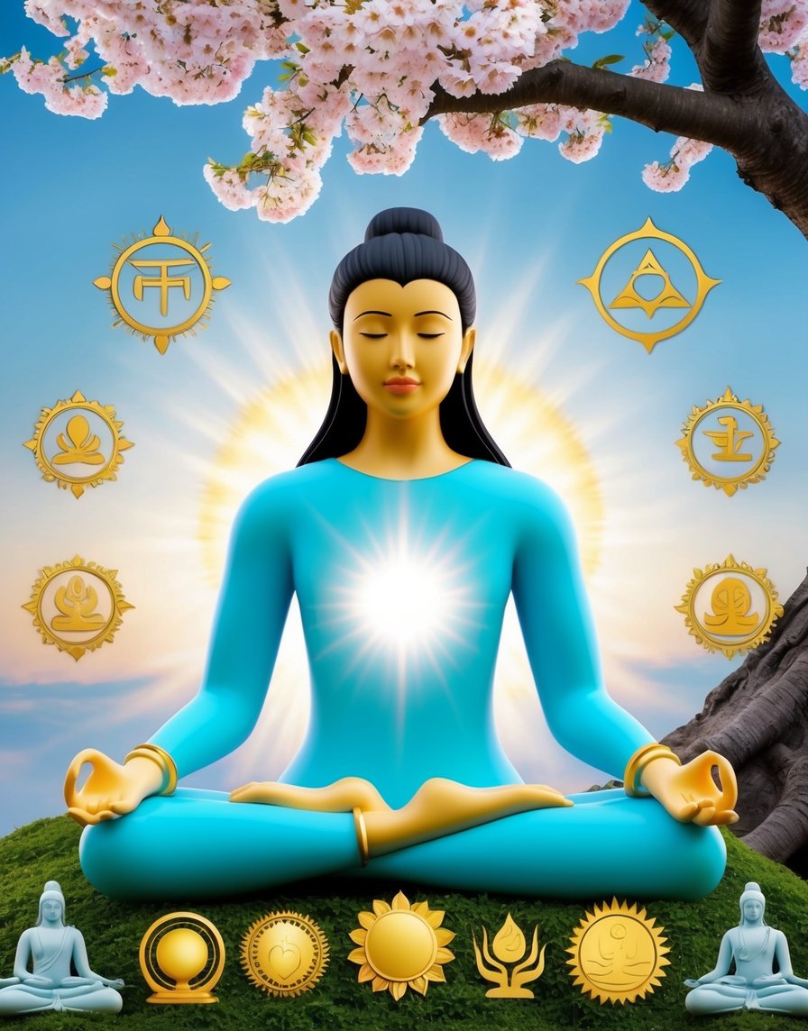 A serene figure meditates under a blossoming tree, surrounded by symbols of enlightenment and growth. The scene radiates peace and inner harmony