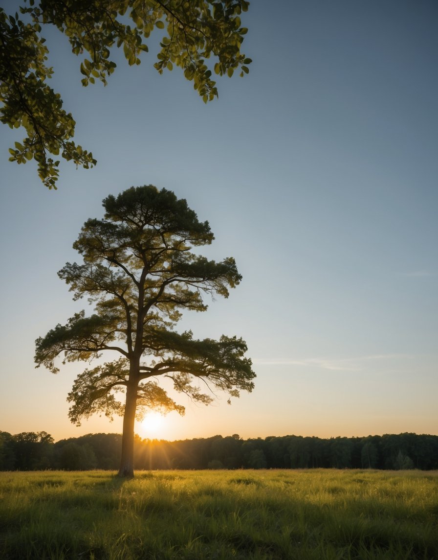 A serene forest clearing at dawn, bathed in soft, golden light. A lone tree stands tall, its branches reaching towards the sky as a gentle breeze rustles the leaves