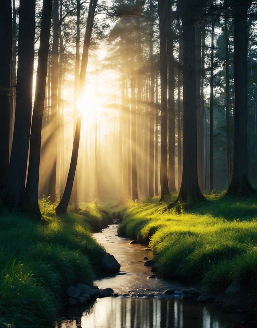 A serene forest with sunlight breaking through the trees, casting a warm glow on a tranquil stream, symbolizing emotional changes during spiritual awakening