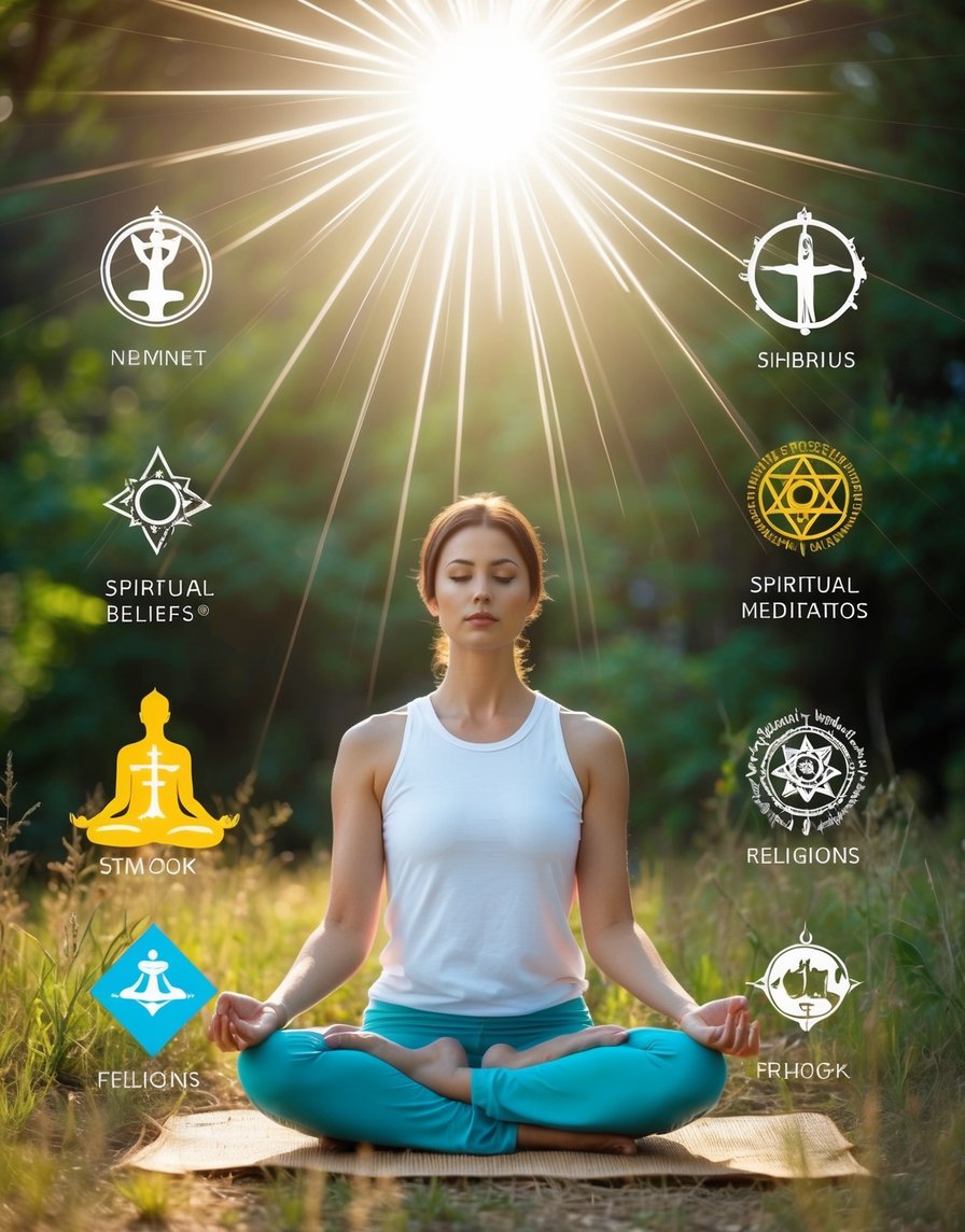 A person meditating in nature, surrounded by symbols of different religions and spiritual beliefs, with a radiant light shining down from above