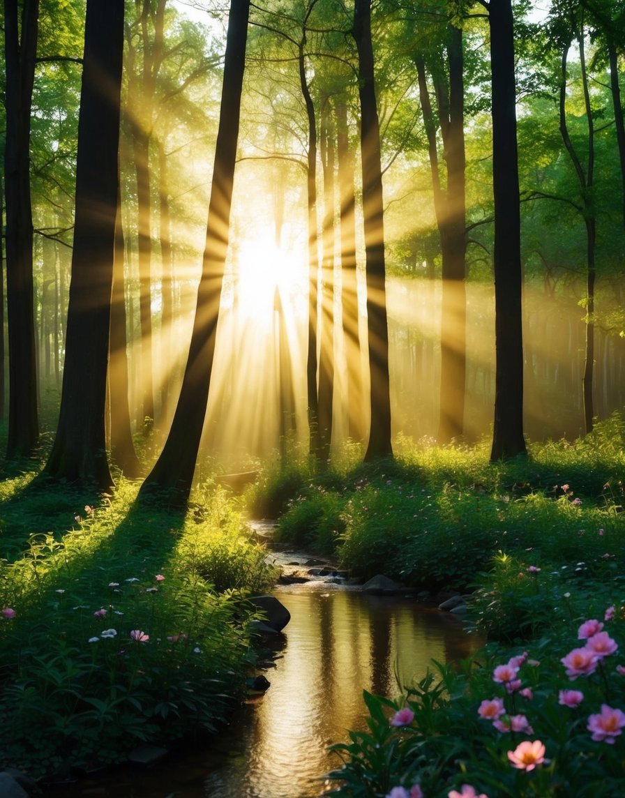 A serene forest with rays of sunlight filtering through the trees, casting a warm glow on a tranquil stream and blooming flowers