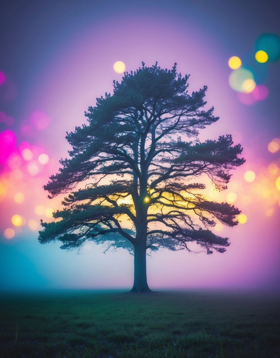 Uma árvore solitária numa floresta enevoada, rodeada de cores vibrantes e luz brilhante, simbolizando o despertar espiritual e uma sensação de desconexão