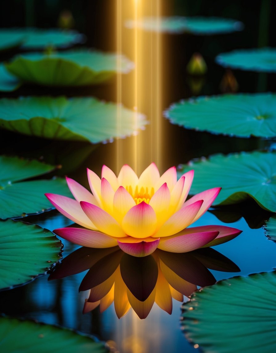 A glowing lotus flower emerging from a dark, still pond, surrounded by vibrant green leaves and illuminated by a beam of golden light