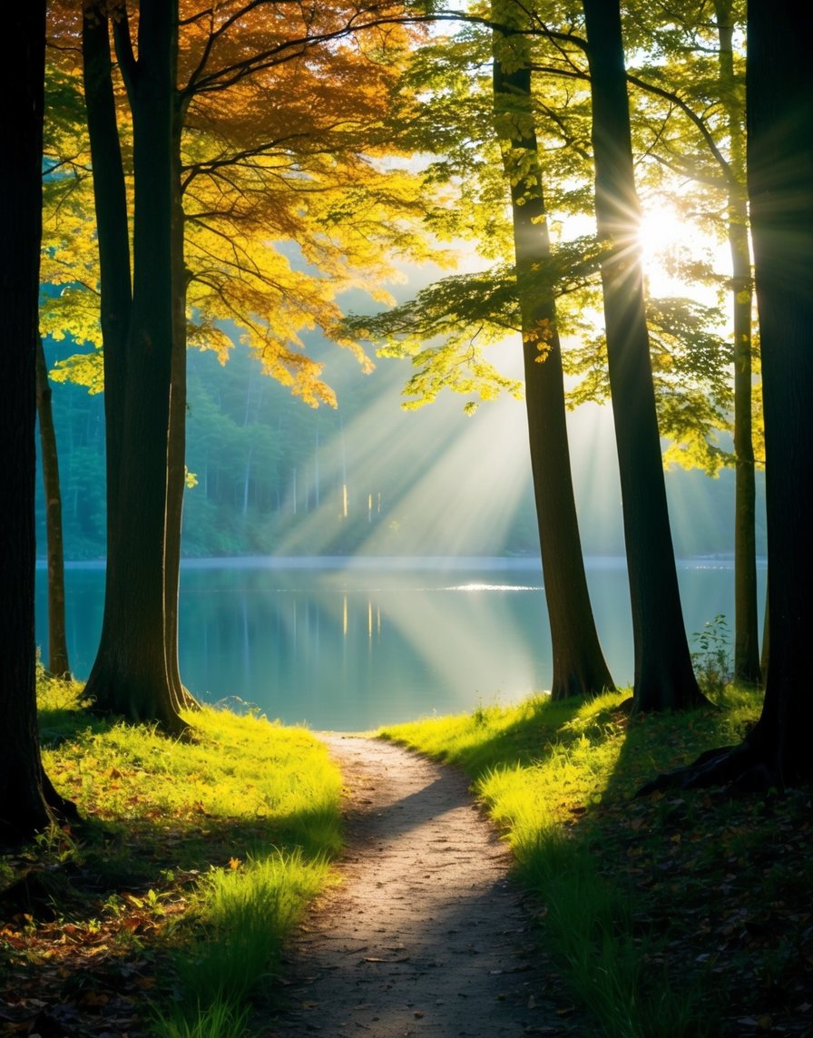 Uma floresta serena com luz a passar por entre as árvores, iluminando um caminho que conduz a um lago tranquilo. A mudança de cor das folhas simboliza um despertar espiritual, enquanto o reflexo na água representa a mudança de relações