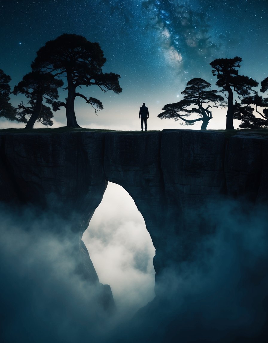 A lone figure stands on a cliff, surrounded by swirling mist and shadowy silhouettes of ancient trees, under a star-filled sky